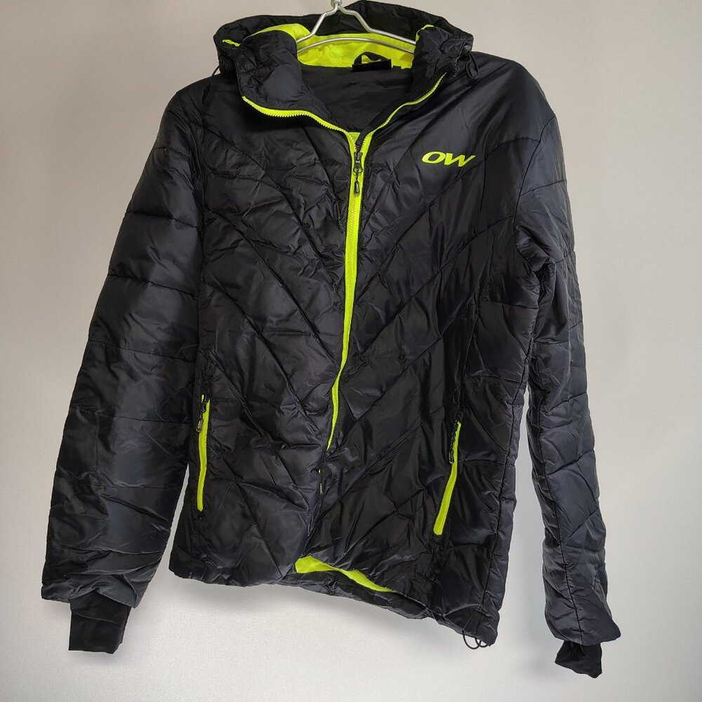 OW One‎ Way Sport Down Jacket Coat Mens Medium Black Green Nordic Challenge Hood